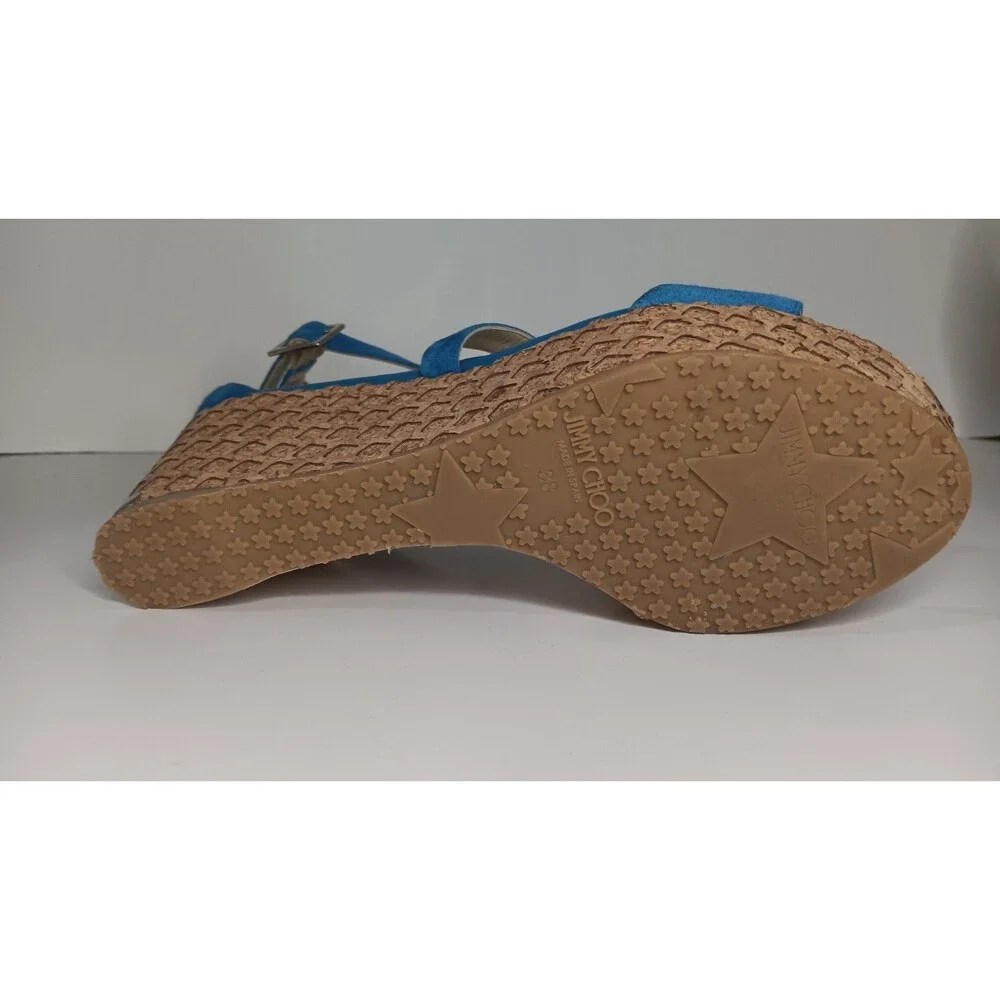 Jimmy Choo Wedge Sandals Blue Suede Cork Espadrilles Made in Spain Size 38 - Picture 10 of 16